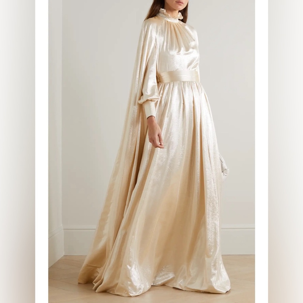 Worn Once Erdem Macie Cape Effect Belted Lamé Gown Gold Cream US 4